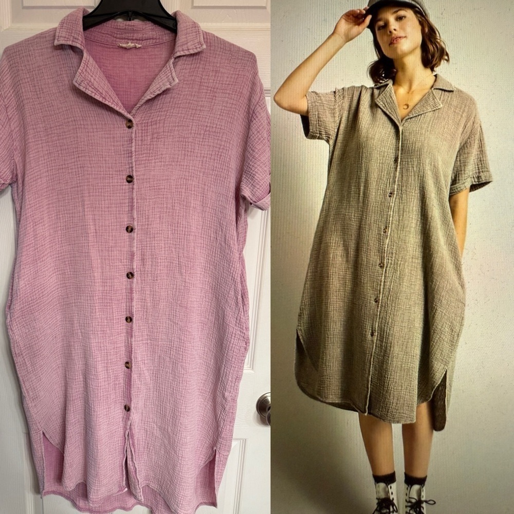 Easel Pink Textured Mineral Wash Shirt Dress pockets cool comfy